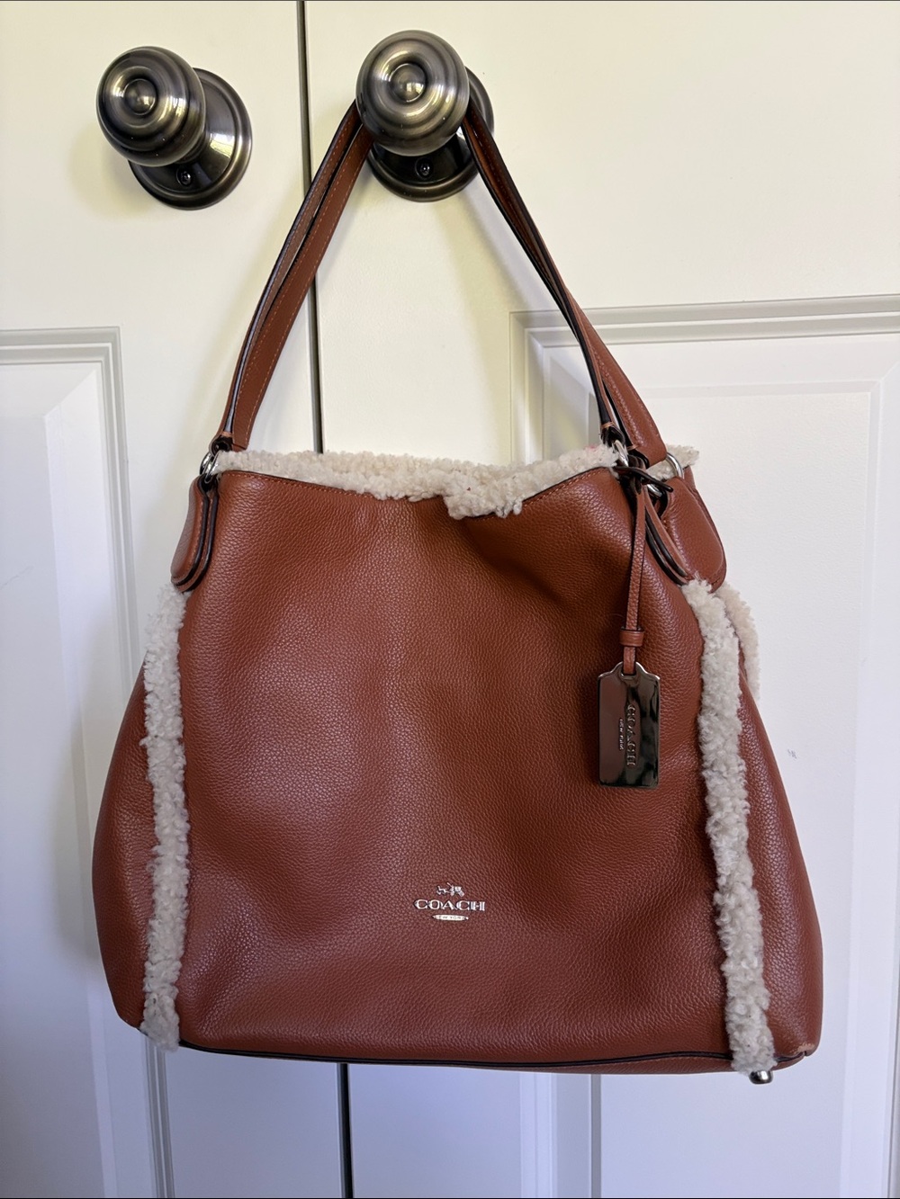 Coach Chestnut Leather Hobo with Cream Shearling Trim